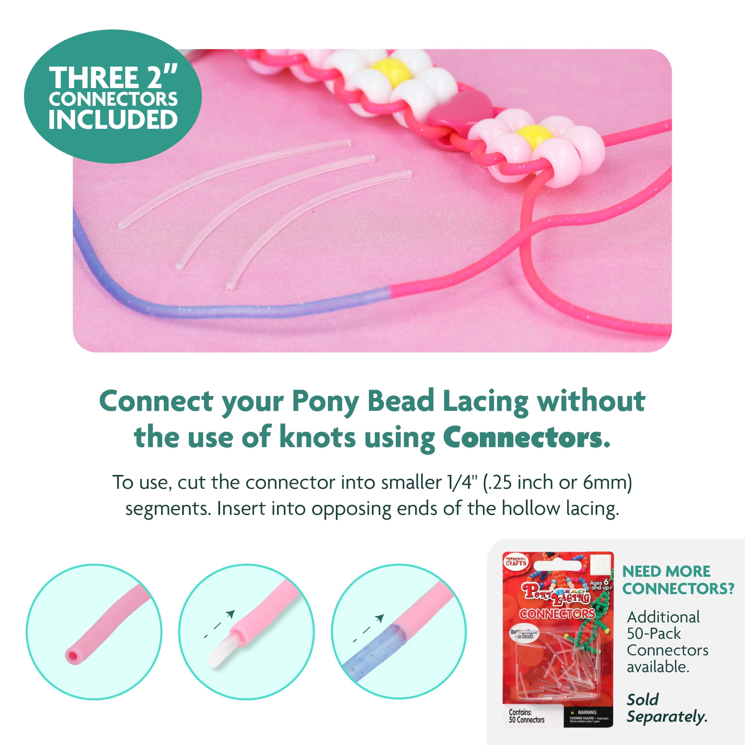 Pepperell Pony Bead Lacing – 2” Dia. Hollow Lacing Tube Cord, Frost Color, 60 ft, w/ 3 Connectors