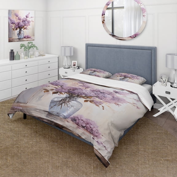 Designart "Lilacs Lavender Charm II" Floral Bedding Covert Set - Lilacs Purple Traditional Bed Set With 2 Shams