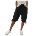 thumbnail image 2 of Inglocry Bermuda Shorts for Women Knee Length Long Shorts Elastic Waist Drawstring Linen Capris Summer Casual Pedal Pushers with Pocket Black M, 2 of 8