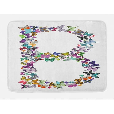 Letter B Bath Mat, Exoticism Beauty Fragility Theme Springtime Creatures Forming Letter B Feminine, Non-Slip Plush Mat Bathroom Kitchen Laundry Room Decor, 29.5 X 17.5 Inches, Multicolor, Ambesonne