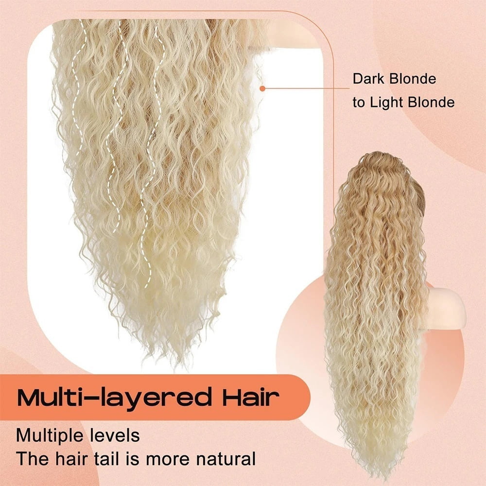 27T613 Blonde Curly Drawstring Ponytail Extension 36 Inch Long Multi Layered Synthetic Ponytail Hair Piece