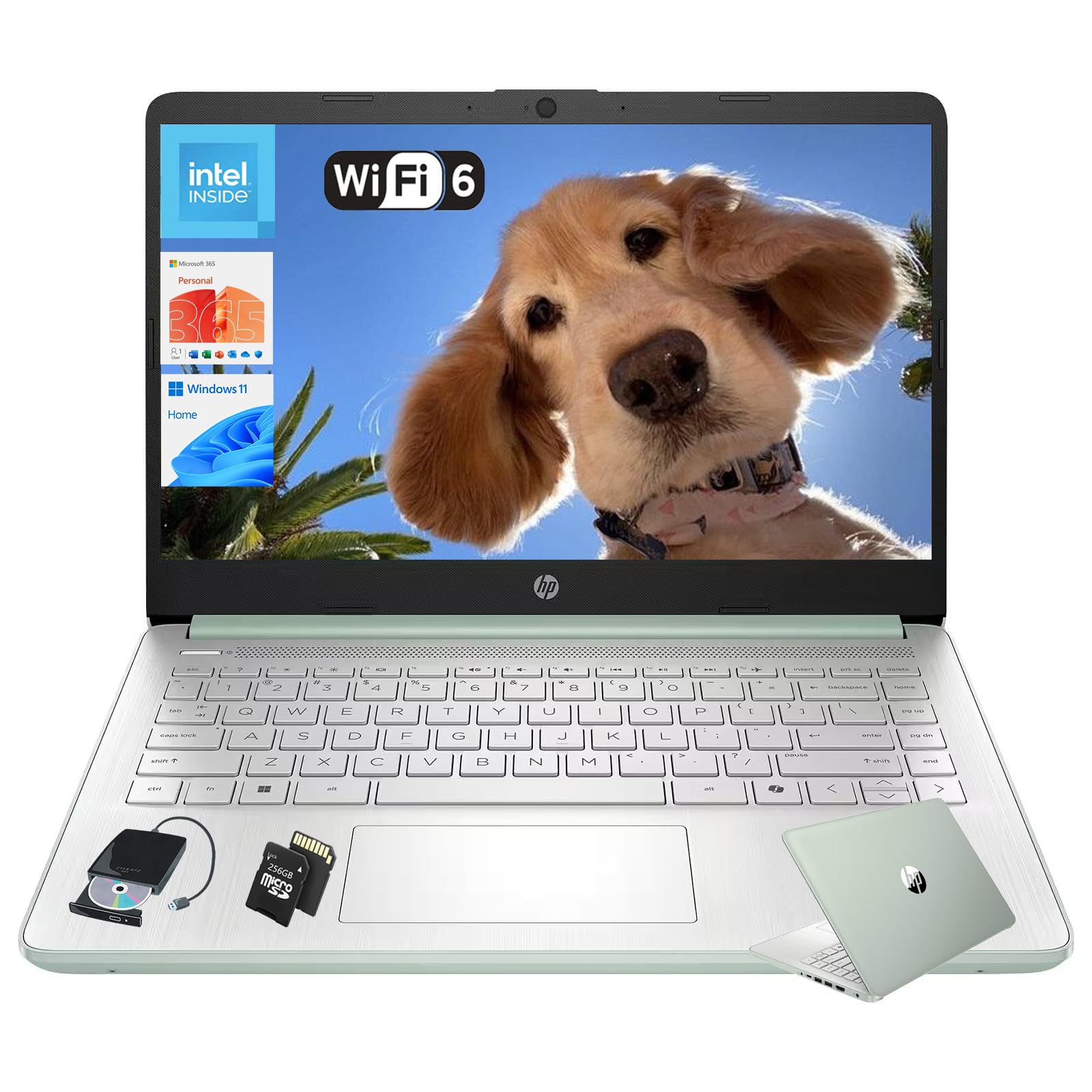 HP 14" Laptop Student Business Computer - 2025 New Version, Intel N150 Processor, 1-Year Microsoft 365, Win 11 Home, Copilot AI, 12Hr Battery, 16GB RAM 384GB Storage (128GB UFS+256GB MSD) Green