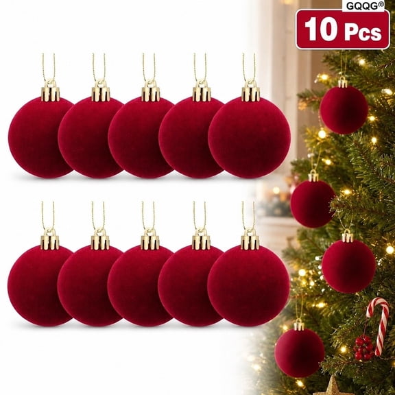10 Pcs Flocked Christmas Balls Wine Red 2 Inch Tree Hanging Ornaments