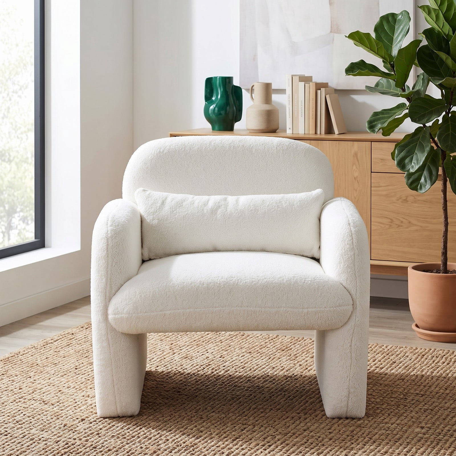 Furnibear Modern Accent Chair with Waist Pillow and Soft Armrests, Sherpa Upholstered Single Sofa Lounge Chair for Living Room, Bedroom, Office, 440 lb Weight, Beige