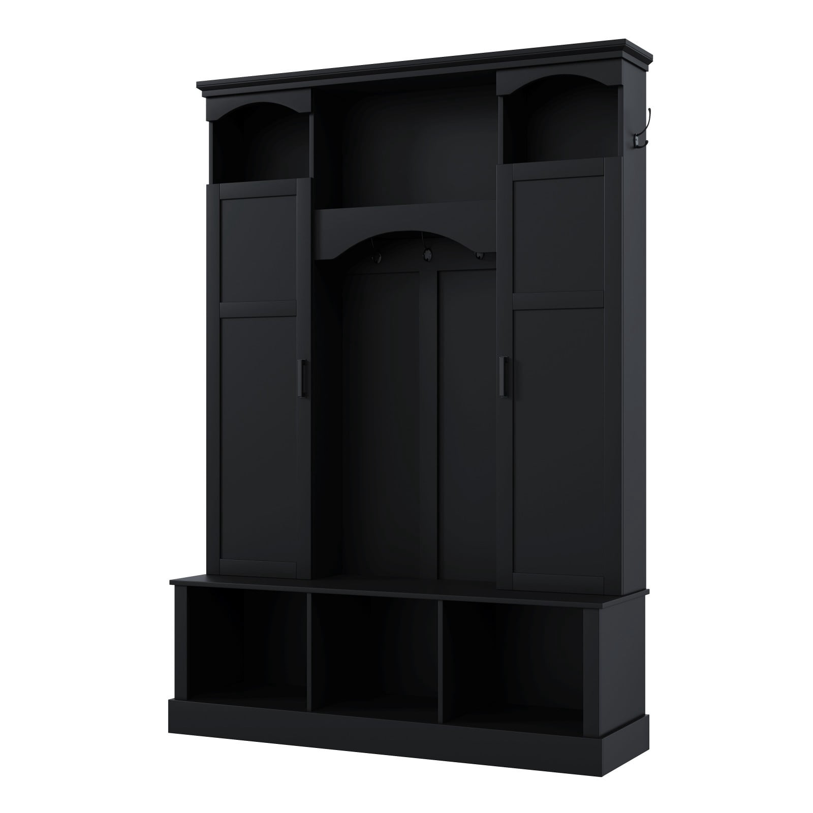 Modern Farmhouse Entryway Hall Tree with Bench, All-in-One Coat Rack Shoe Storage with 2 Side Cabinets, Adjustable Shelves & 7 Hooks, Arched Hallway Organizer for Mudroom Entryway, Black