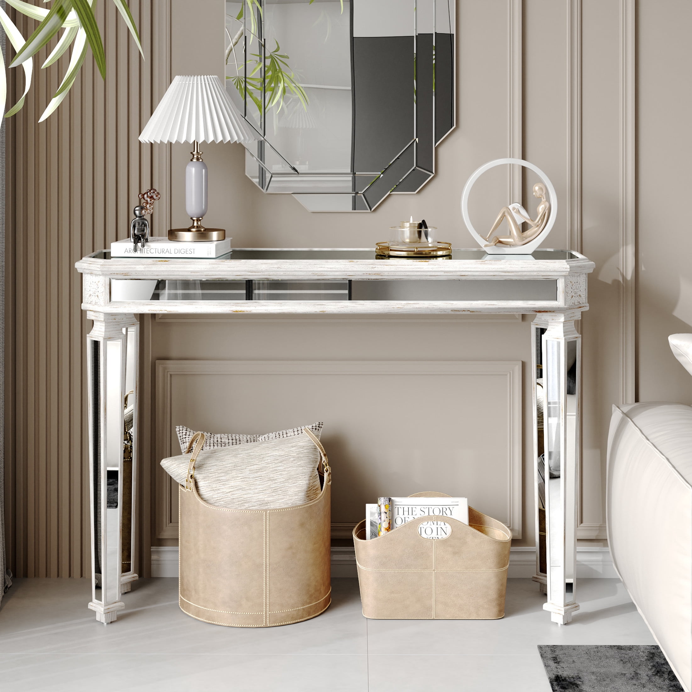 Noble House Mirror Console Table Vintage Wood Grain Carving Process Gorgeous and Noble for Entryway, Sofa Table,Living Room, Oak+Silver