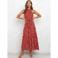thumbnail image 3 of Women'S Summer Polka Dot Print Sleeveless Halter Neck Flowy Ruffle Hem Long Boho Dresses with Belt Wine Red XXL, 3 of 6