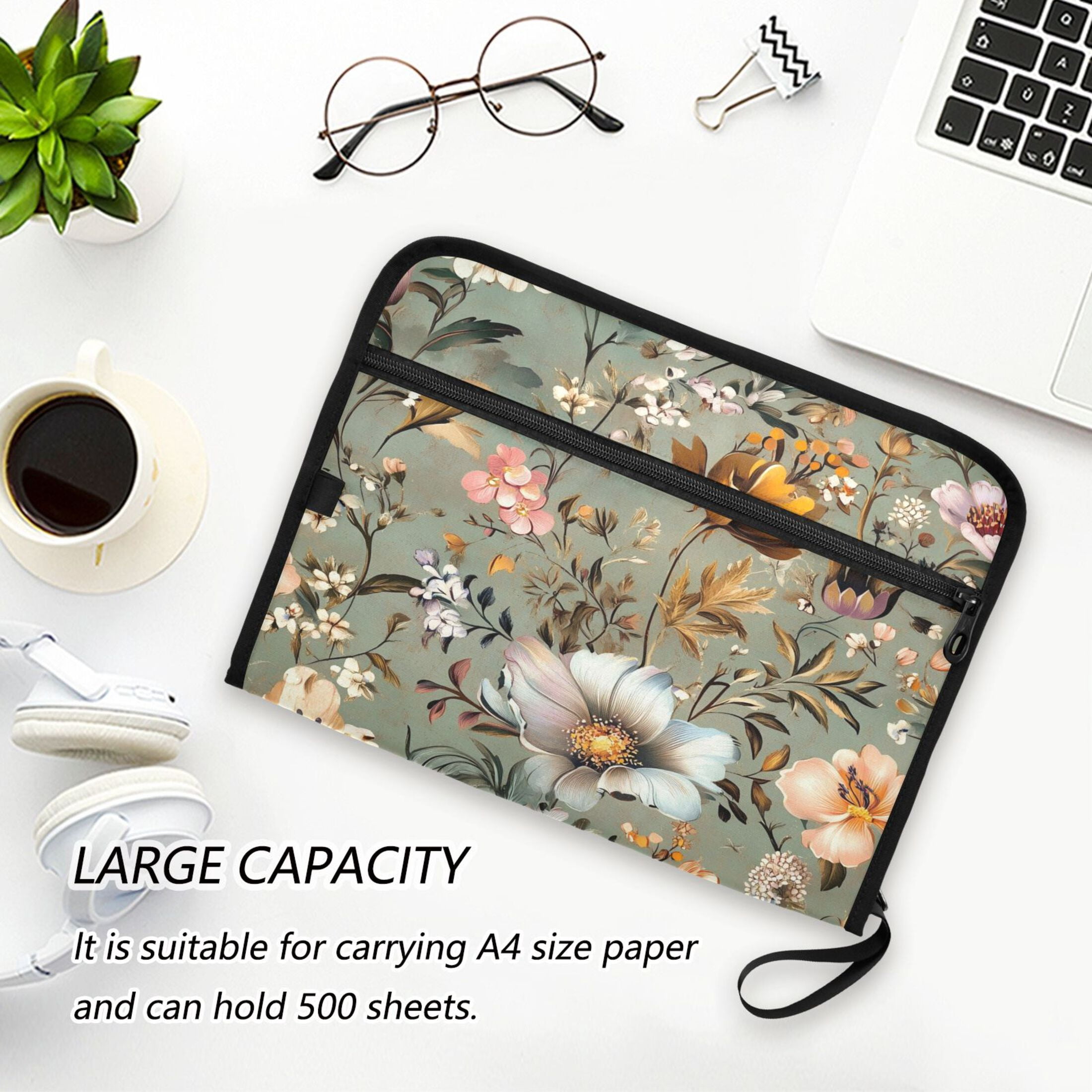 Accordion File Organizer with Zip Closure 13 Pockets Expanding File Folder Letter A4 Paper Document Organizer for Home Office Pastel Vintage Floral