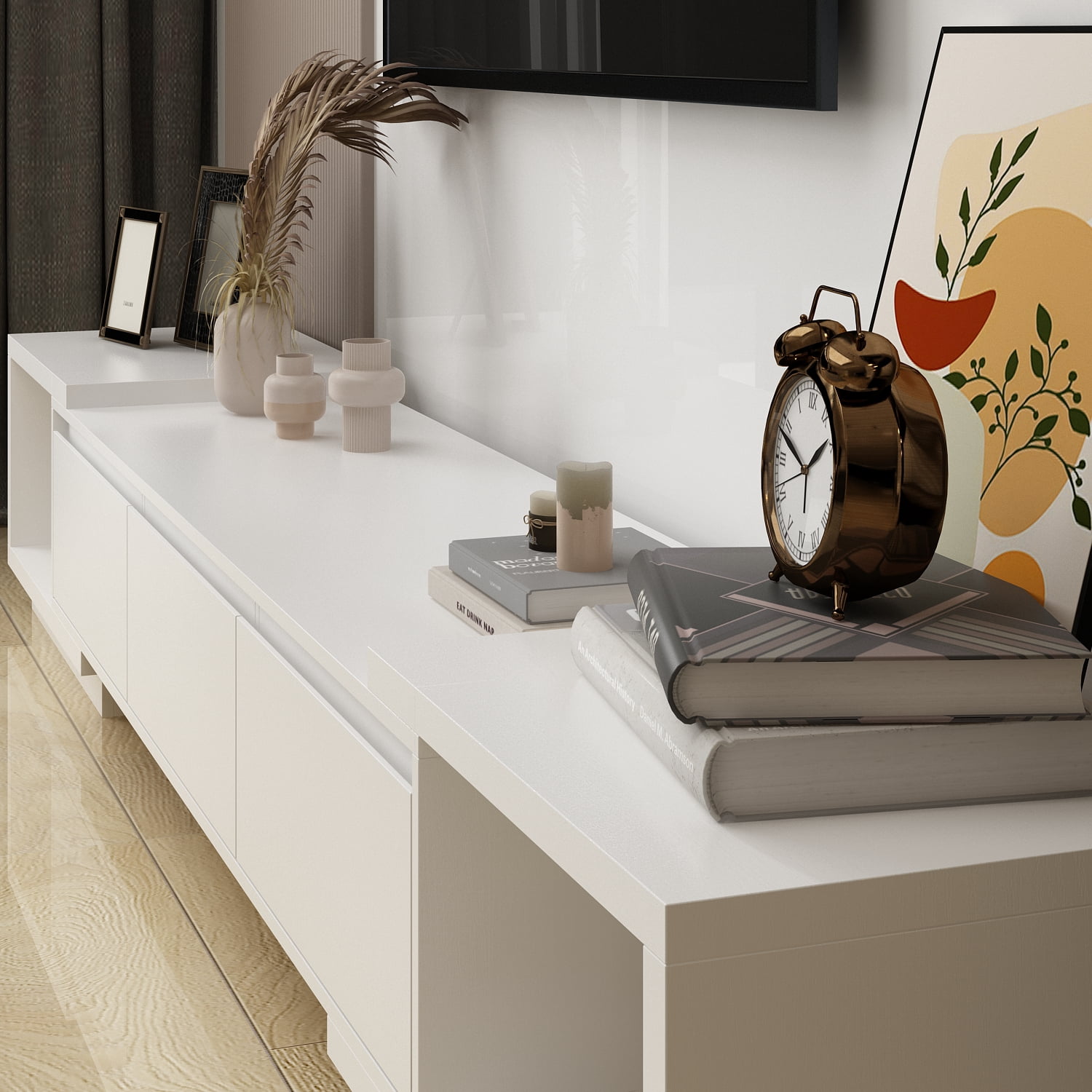 OxyLife Extended TV Stand with Drawers, Entertainment Center for Living Room, White
