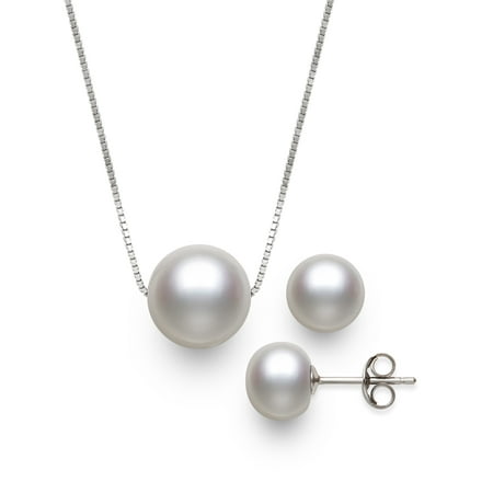 Beaded Pearl Jewelry Set White Cultured Freshwater Pearl Sterling Silver Chain Necklace and Stud Earring Jewelry Set, 18