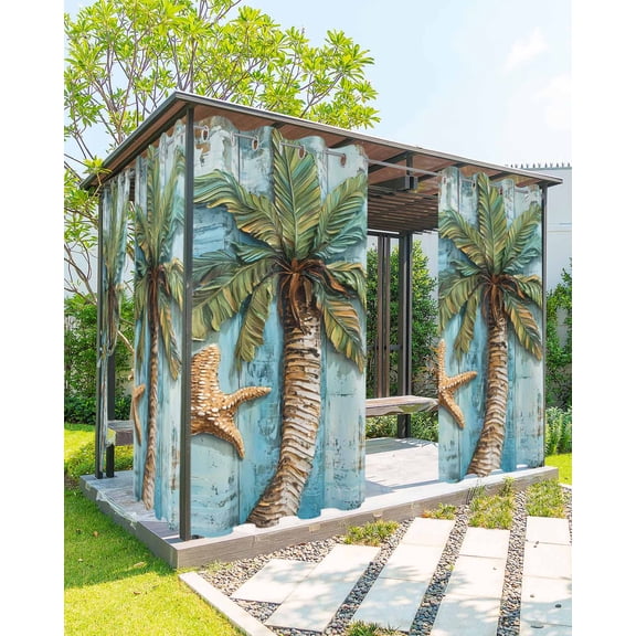 nqOlkjepod Outdoor Curtains for Patio Waterproof, Coastal Beach Green Tree Outdoor Privacy Panels Grommet, Abstract Oil Painting Starfish Blackout Outside Curtains for Porch 54"x108", 2 Panels