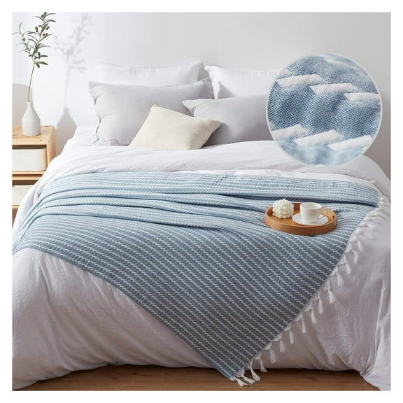 Muslin Blanket Throw 50x60, Jacquard Summer Cooling Blanket Cozy Organic Egyptian Cotton Bed Spread for Bed Couch Breathable Lightweight Keep Body Cool for Hot Throw Size(50*60) Vertical Lake Blue