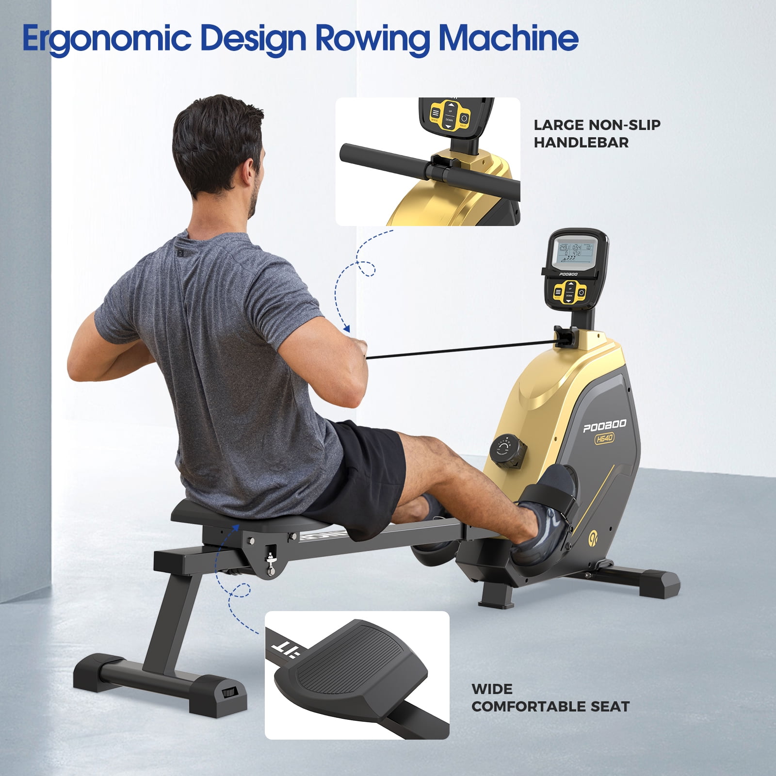 Pooboo Rowing Machine Cross Trainer with Digital Monitor and Electromagnetic Resistance Rowing Trainer for Indoor Fitness Gym Workout
