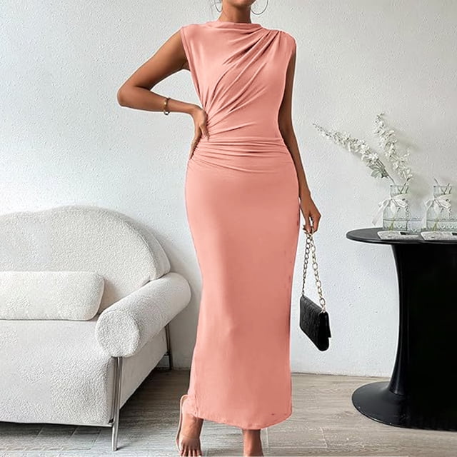 Gspmoly Robes pour Femmes, Mode Femmes Été Floral Col Rond Sans Manches Plis Fente Dos Taille Robes Robes d'Été pour Femmes Offres des Fêtes
