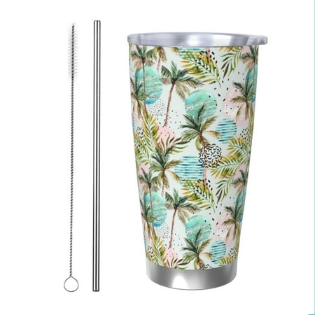 

Zeuib Watercolor Palm Tree Printed 20oz Stainless Steel Insulated Car Cup Stainless Steel Thermal Cup Vacuum Insulated Leak-proof Travel Mug Cup-Straw Two-piece Set