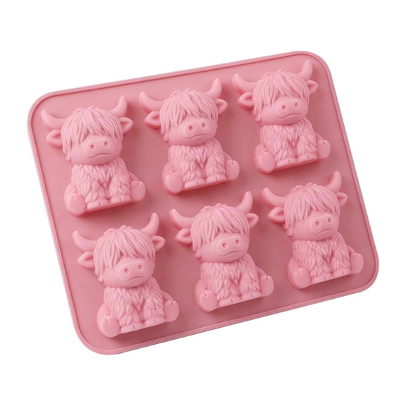 6-Cavity 3D Highland Cow Ice Cube Mold Tray - Silicone Mini Cow Chocolate Cocoa Molds - Cute Animal Ice Cube Maker Accessories,Pink - 15x12cm