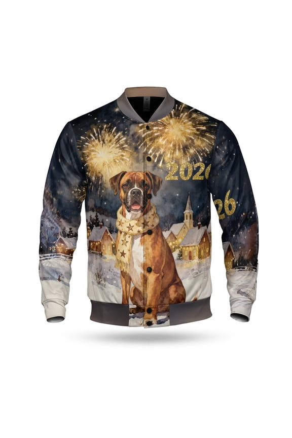 Boxer Happy New Year 2026 with Fireworks on New Year's Eve All Over Print 3D Baseball Jacket Boxers Dog Lover Gifts Idea Bomber Jacket Softball - 12022
