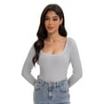 thumbnail image 2 of Women's Scoop Neck Long Sleeve Slim Fitted Casual Basic Crop Top, 2 of 6