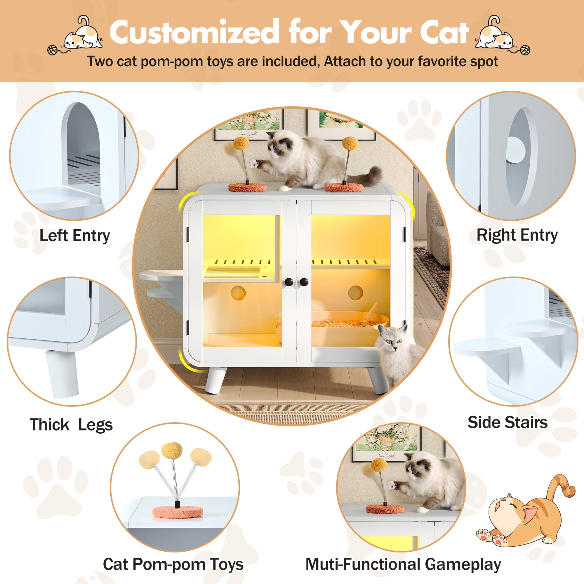 White Hidden Cat Litter Box Enclosure with RGB LED Light, TV-Style Cat House Cabinet with Stairs, Pom-pom Toy, Litter Leak Walkway and Glass Doors for Indoor Cats