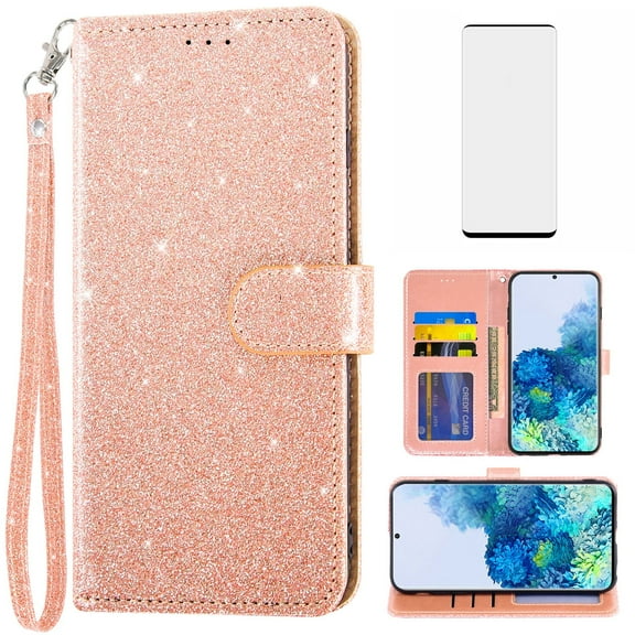 Compatible with Samsung Galaxy S20 Plus S20 5G Wallet Phone Case and Tempered Glass Screen Protector Flip Credit Card Holder Stand Bling Glitter Cell Cover for S20 5G S20plus 20S S2O S 20 Pink