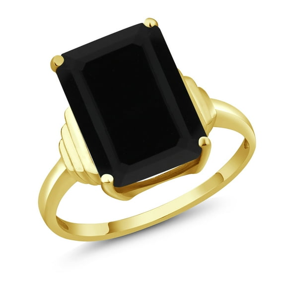 Gem Stone King 18K Yellow Gold Plated Silver Black Onyx Ring for Women (6.60 Cttw, Emerald Cut 14X10MM, Gemstone December Birthstone, Available in Size 5, 6, 7, 8, 9)