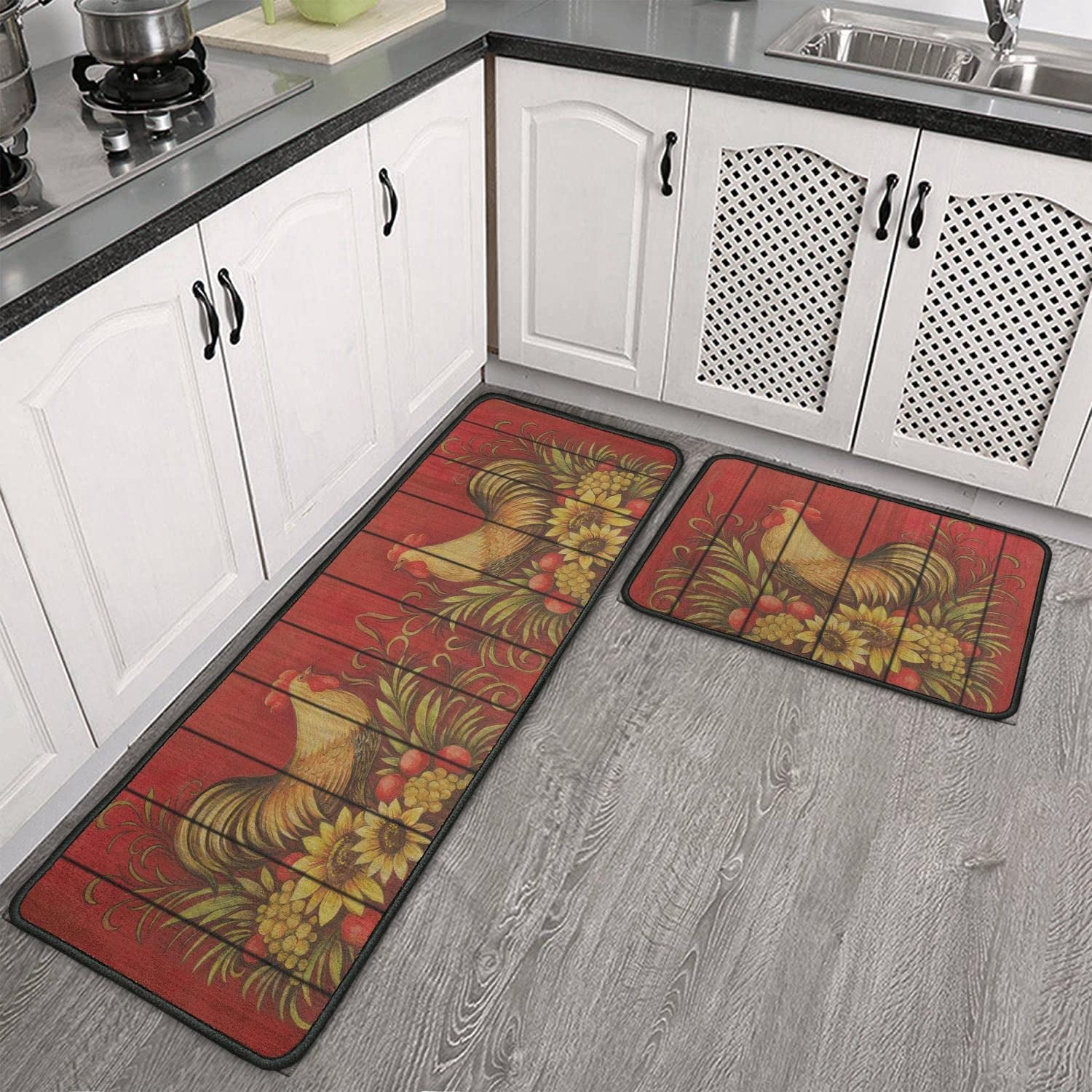 Black Kitchen Rugs and Mats Sets of 2, Funny Kitchen Decoration Rubber Backing Non-Slip Absorbent Mats for Sink Waterproof Runner Rug for Laundry Room 17x30+17x48inch