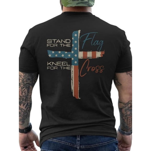 Patriotic American Flag Cross T-Shirt for Men Retro Christian Faith Graphic Tee Stand for the Flag Kneel for the Cross Vintage Short Sleeve Cotton Top