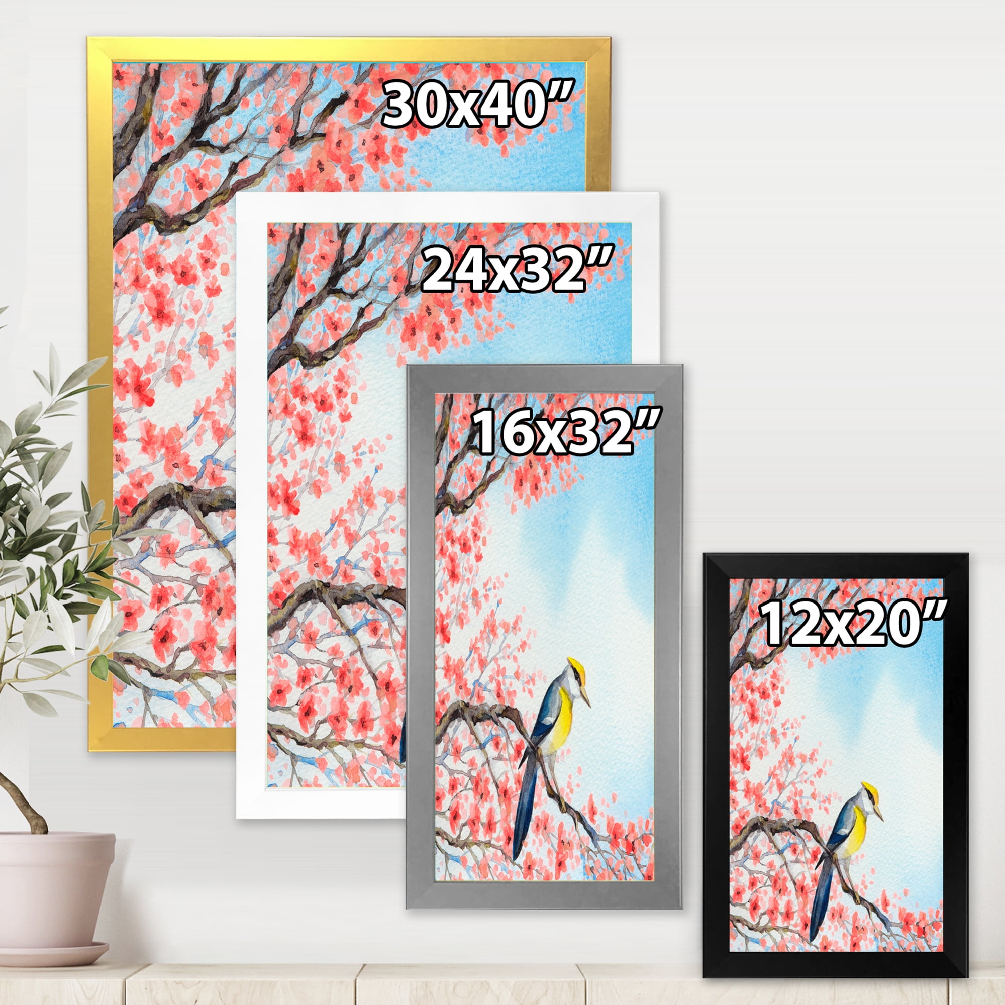 Beautiful Red Bird Sitting On Flowering Branch I 24 in x 32 in Framed Painting Canvas Art Print, by Designart