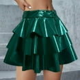 thumbnail image 2 of AHTJRT Girls Metallic Skirt 3 Layered Ruffled Shiny Sparkly Dance Disco Party Skirt Plain Flared Holographic Skort Green 11-12 Years, 2 of 3