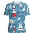 thumbnail image 5 of Lighthouse Sailboats Ocean Waves-3 Womens Tops Women's Fashion Casual Short Sleeve Flower Print Round Neck Pullover Top Blouse, 5 of 7