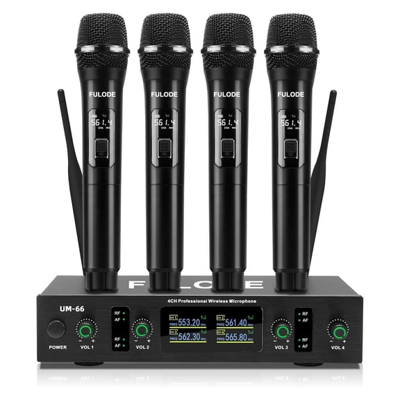UHF Wireless Microphone Systems, 4 Channels Cordless Handheld Dynamic Karaoke Mic Set, Auto Connect 300ft Range Transmission for Singing, Karaoke, DJ Party, Church, Wedding, PA Speaker