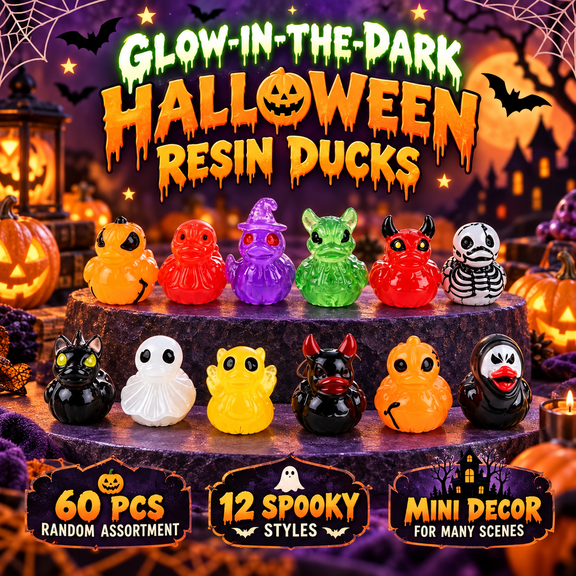 60 pcs Glow-in-the-Dark Mini Resin Duck Set, Random Assortment from 12 Halloween Ghost, Pumpkin and Devil Duck Figurines, Tiny Desktop Ornaments for Tiered Trays, Parties and Office Decor