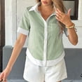 thumbnail image 2 of XPMWRP Striped Button Down Shirts for Women Short Sleeve Dress Shirts Collared V Neck Blouse Work Business Tops Green S, 2 of 6
