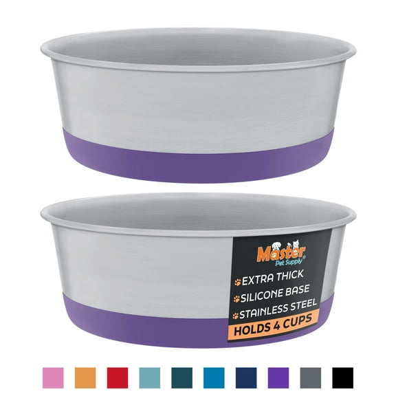 Master Pet Supply Stainless Steel Dog Bowls Set of 2 with Extra Thick Silicone Base - 4 Cup (32 oz) Plum Crazy, Non-Slip, Dishwasher Safe Metal Bowls, Pet Dog Food Bowl for Dogs, Cats, Anti Rust