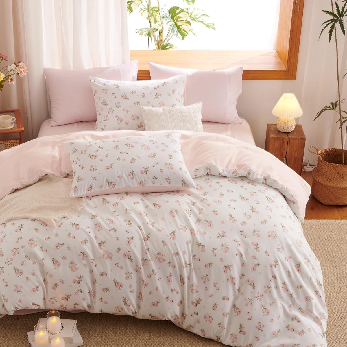 JOLUSERE Pink loyalty Floral Comforter Queen Sets, 3 Pieces Chic Botanical Pink White Floral Reversible Comforter for All Season