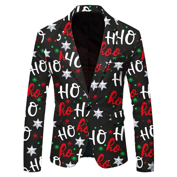 Men's Party Stylish Suit Jackets for Formal Events Christmas-Themed Santa Print with Pocket Lapel Button Closure for Holiday Celebrations
