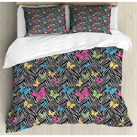 Zebra Print Duvet Cover Set, Colorful Butterflies on Zebra Abstract Print Summer Jungle Floral Art, Decorative 3 Piece Bedding Set with 2 Pillow Shams, Calking Size, Yellow Blue Pink, by Ambesonne