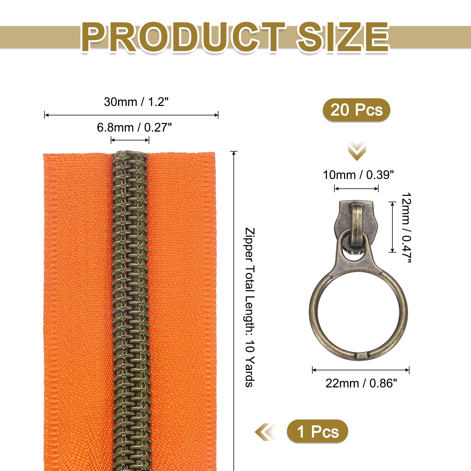 #5 10 Yards Nylon Coil Zippers, Bulk Coil Zipper by the Yards with 20pcs Vintage Brass Zippers Sliders for Diy Tailor Sewing Craft Bag Clothes, Orange