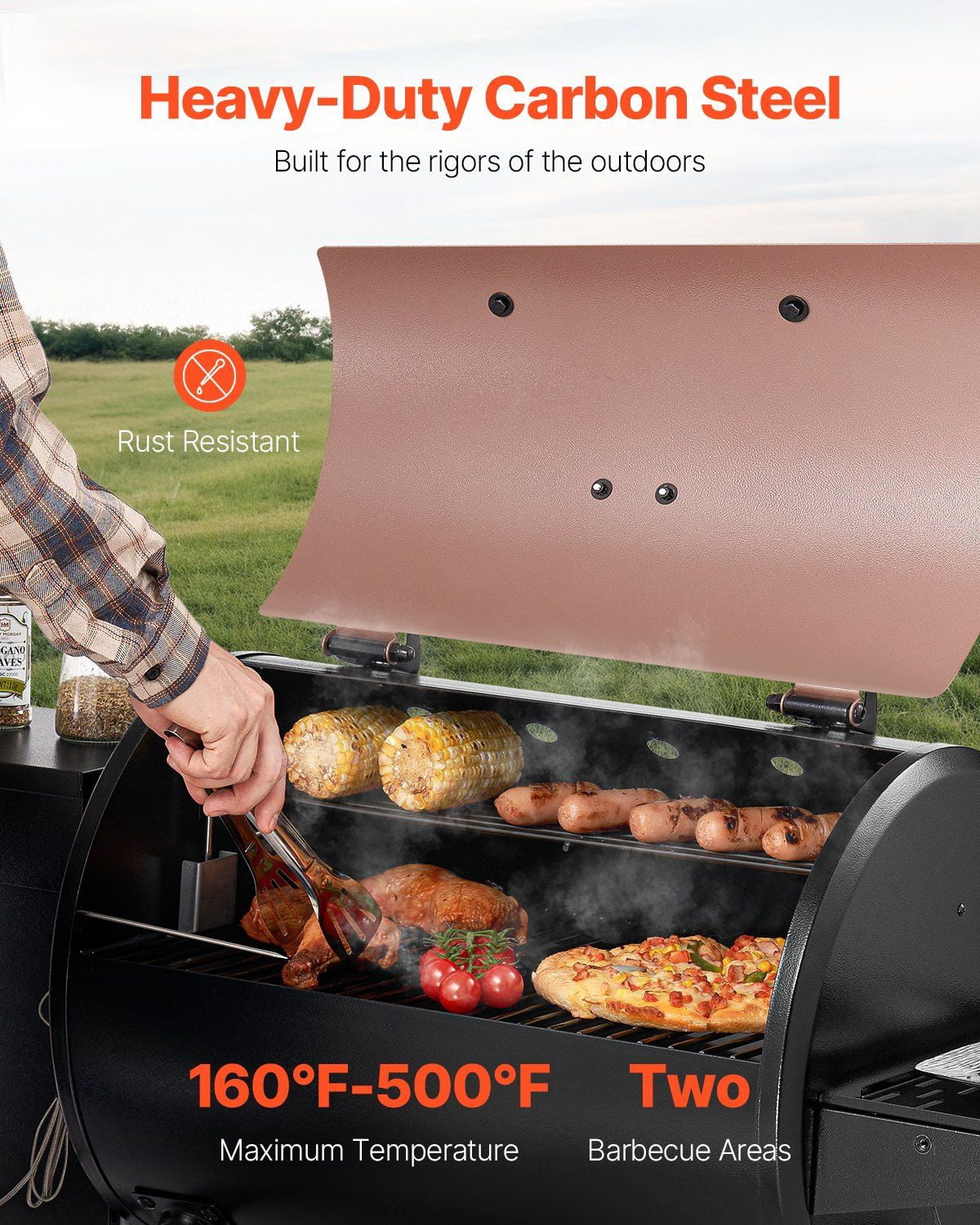 All-in-One Wood Pellet Grill and Electric Smoker 8 BBQ Functions, Spacious 456 Square Inch Cooking Surface, Equipped with Digital Thermostat and Food Probe, 500°F Max Heat, in Black
