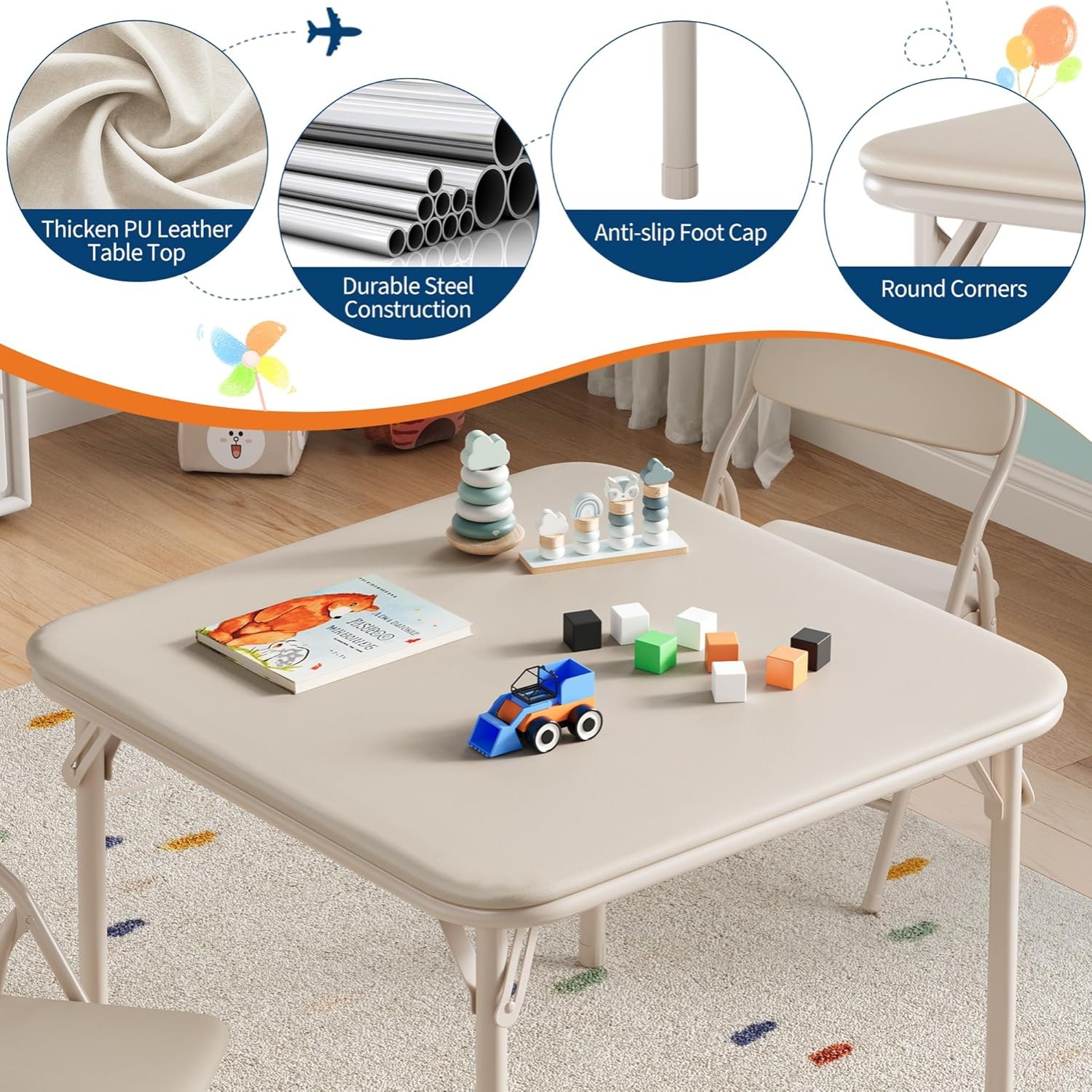 3/5 Piece Kids Folding Table and Chairs Set, Toddlers Boys Girls Games Table and Chairs Set, Activity Table and Chairs Set for Dining Room,Daycare,Classrooms