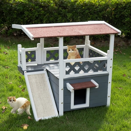 Kinbor Wooden Pet House  Cat  House  Kitten Condo Small  Animal Hutch for Cats  w Roof Stair 
