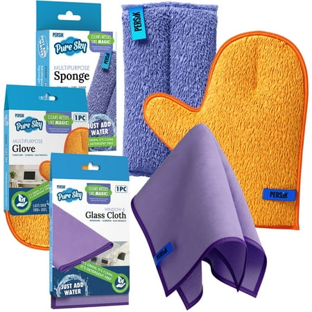 Pure-Sky Ultra-Microfiber Cleaning Cloth - JUST ADD Water No Detergents Needed - Includes Window and Glass Cleaning Towel Streak Free + Dusting and Cleaning Glove/MITT + Kitchen Cleaning Sponge