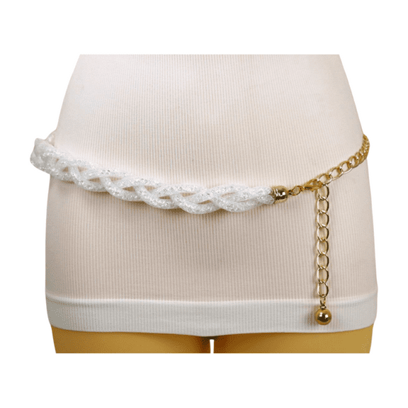 Women White Mesh Braided Fashion Belt Gold Metal Chain S M