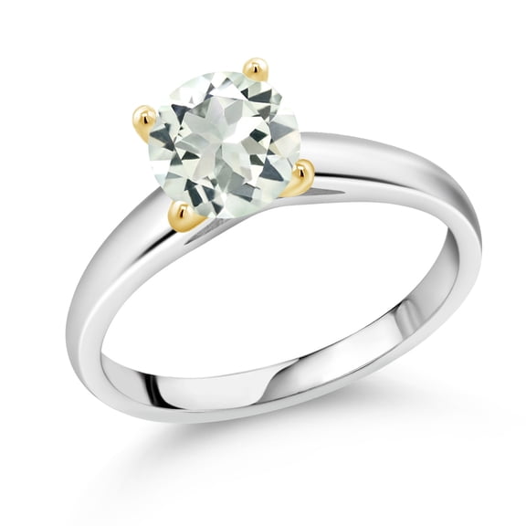 Gem Stone King 1.10 Ct 7mm Round Green Prasiolite 925 Silver and 10K Yellow Gold Ring Ring (Size 8)