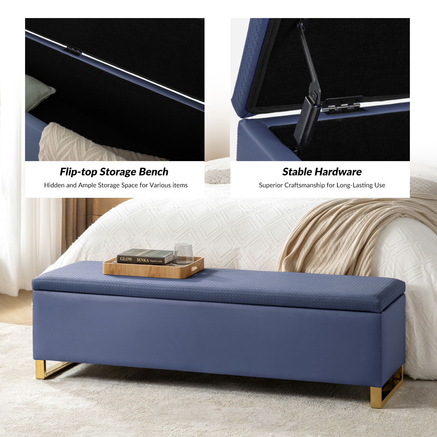 Tina's Home Storage Bench with 2 Ottomans,  Upholstered Entryway Bench with Stainless Steel Legs Modern Seating for Living Room, Bedroom Navy