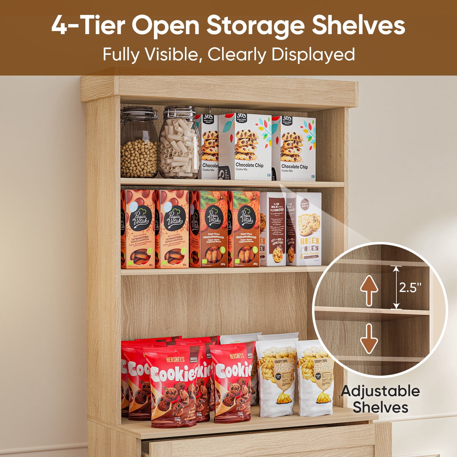 71" Kitchen Pantry Cabinet, Large Kitchen Food Hutch Storage Cabinet with Doors, Drawers & Adjustable Shelves, Tall Modern Coffee Bar with Microwave Stand for Kitchen Living Room,Brown 4PCS