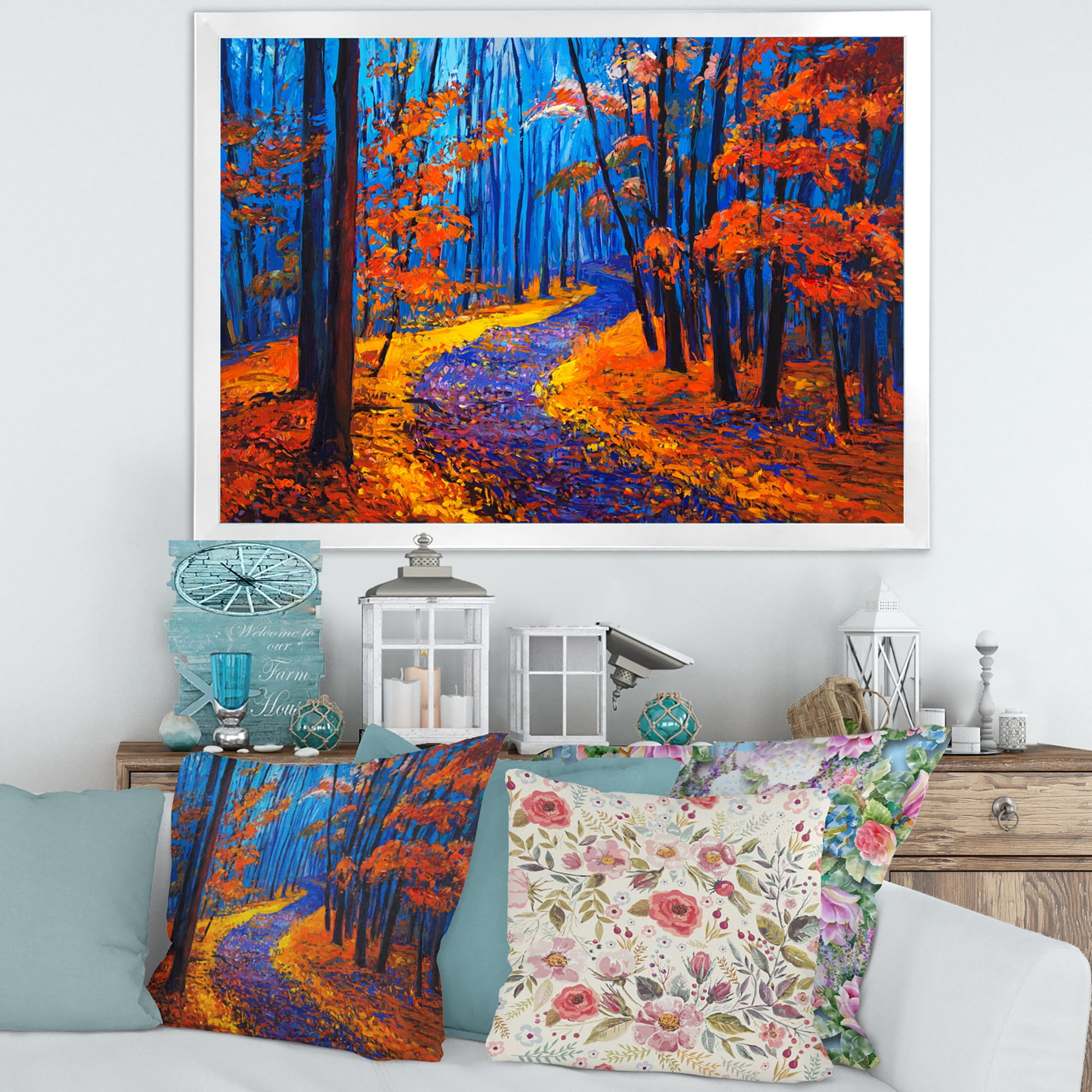 Designart 'Orange Autumn Landscape With Little Road I' Traditional Framed Art Print