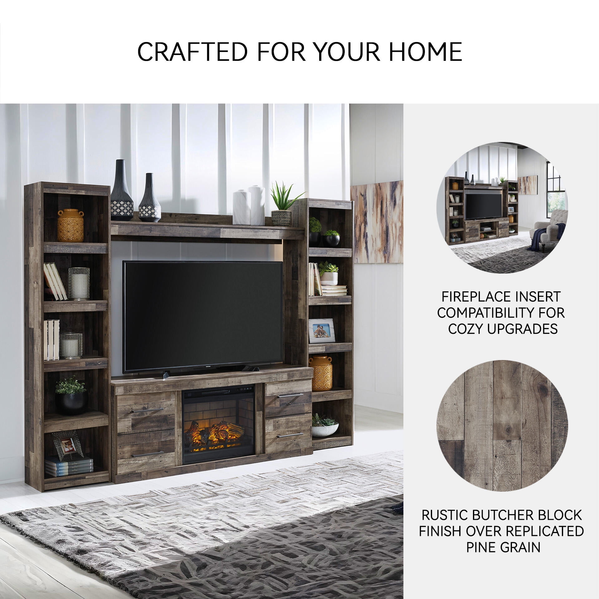 Signature Design by Ashley Derekson TV Stand with Fireplace Option, Multi Gray, Rustic Entertainment Center for TVs up to 65" with Storage