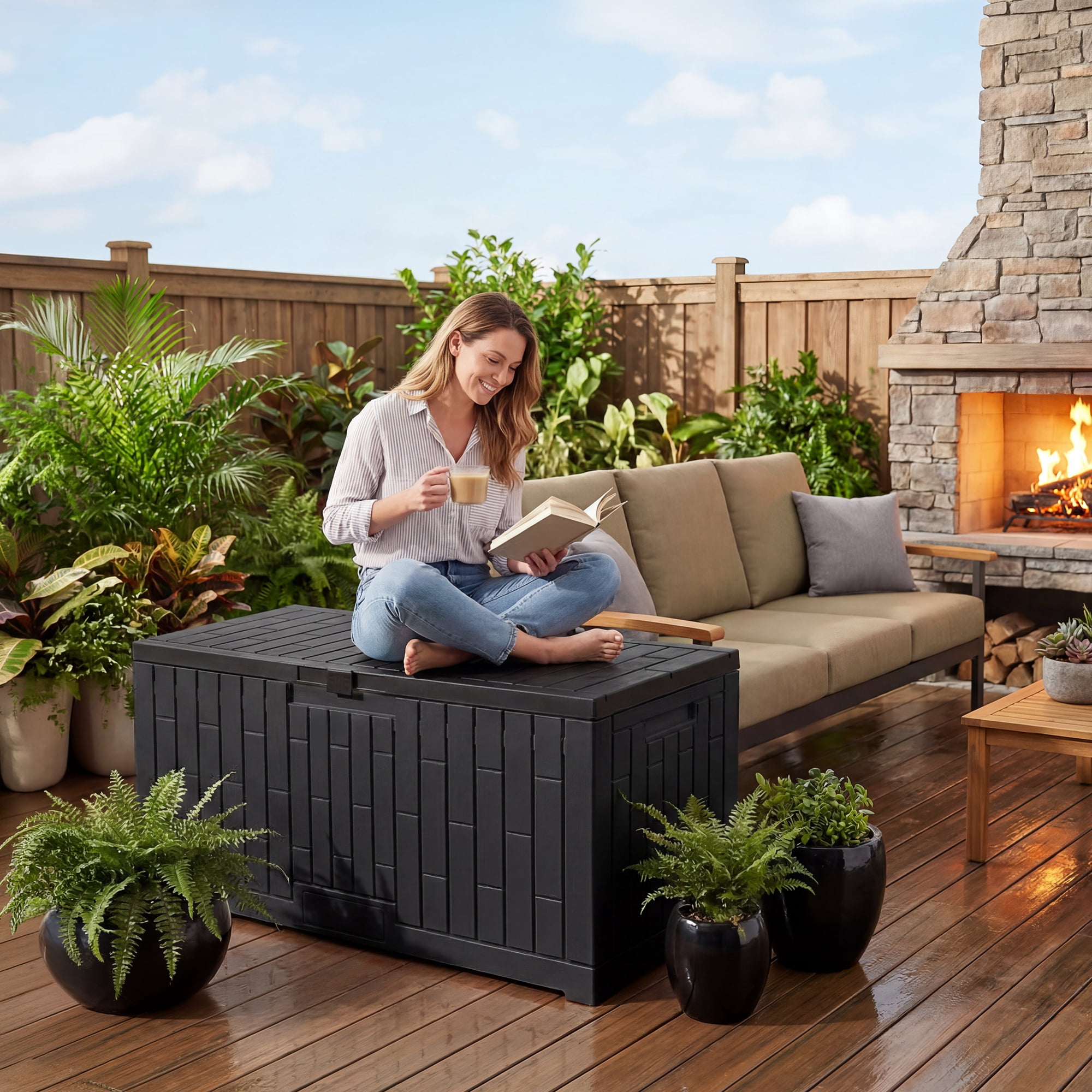 Dextrus Outdoor Waterproof 120 Gallon Resin Deck Box, Black & Brown
