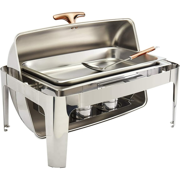 Denmark Tools for Cooks Celebrations Cookware Collection 5 Piece 9.5-Quart Rectangular Heavy Gauge Stainless Steel Chafing Dish Set with Roll Top Lid for Entertaining & Catering